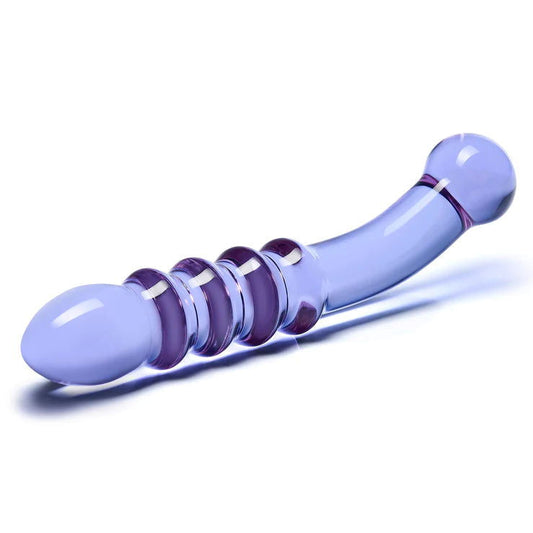 The purple rain ribbed glass dildo is a dual-ended G-spot stimulator