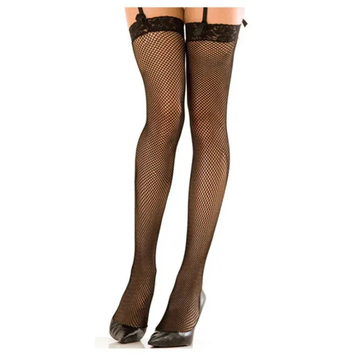 Floral lace top fishnet thigh high stockings in black, showing intricate lace band and classic fishnet pattern