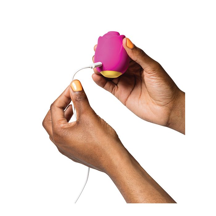 ROMP Rose Clitoral Stimulator in woman’s hand while plugged in and charging