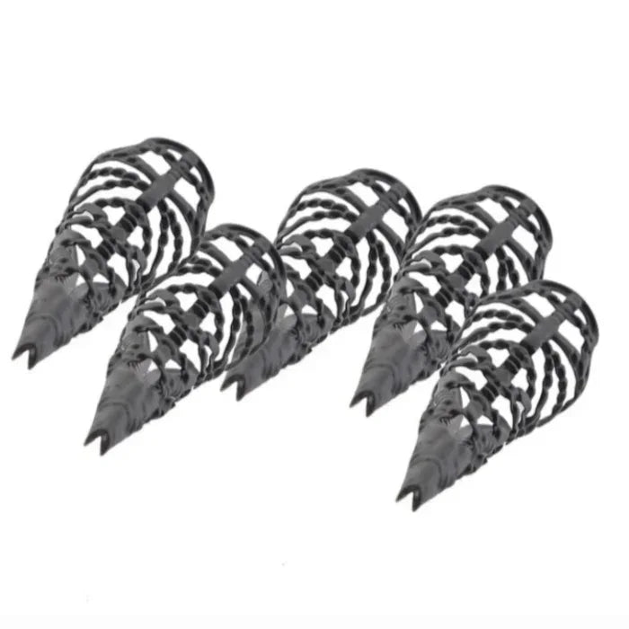 Side angle of set of five black Sensory Fingertips with unique designs stacked together on a white background