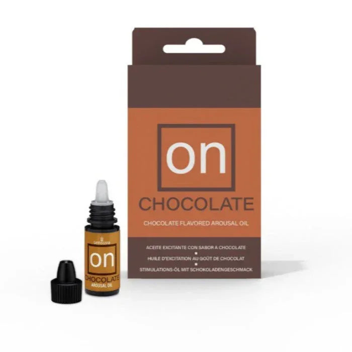 Bottle of Sensuva ON Chocolate Arousal Oil; natural ingredients including cinnamon and sweet almond oil with chocolate essence.