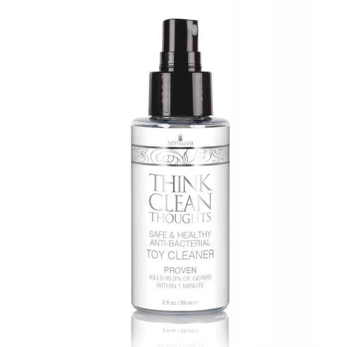 Compact travel-size Think Clean Thoughts Toy Cleaner spray bottle by Sensuva, featuring gentle, paraben-free formula with natural extracts, safe for all toy materials and perfect for on-the-go cleaning.