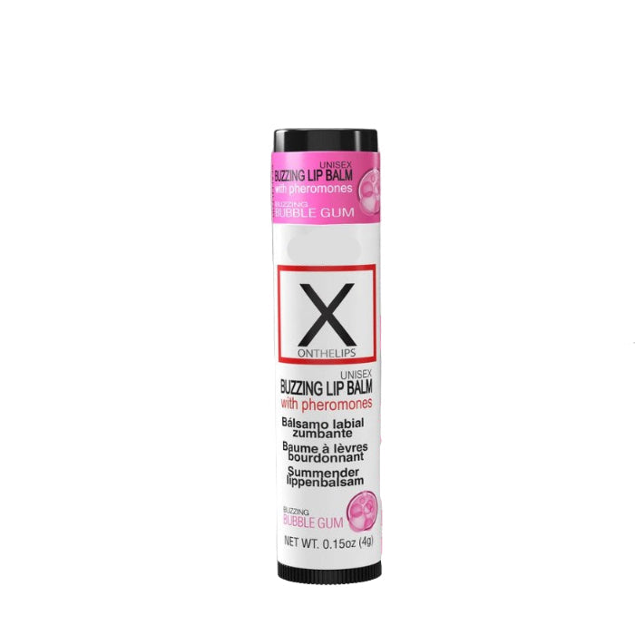 Bubble Gum flavored X On The Lips pheromone-infused buzzing lip balm with lips