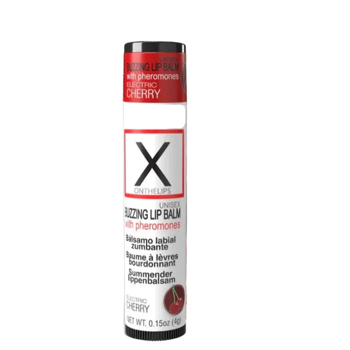 Cherry flavored X On The Lips pheromone-infused buzzing lip balm on white background
