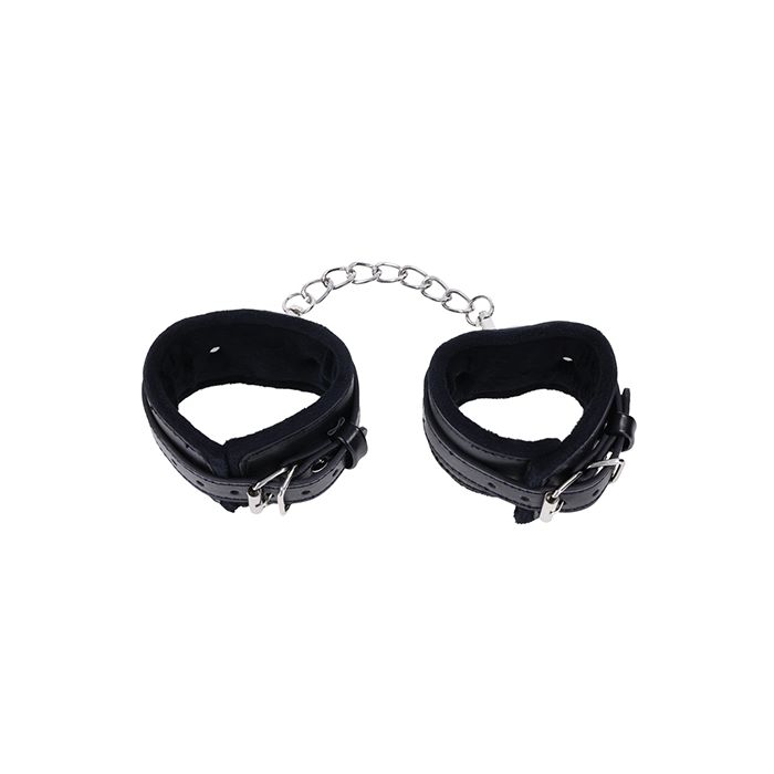 Sportsheets Shadow Handcuffs displaying adjustable buckle closures and comfortable faux fur interior