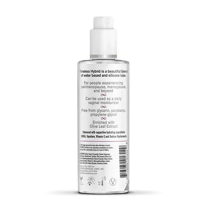 Simply Timeless Hybrid + DHEA lubricant ingredients and directions - vegan, paraben-free formula by Wicked