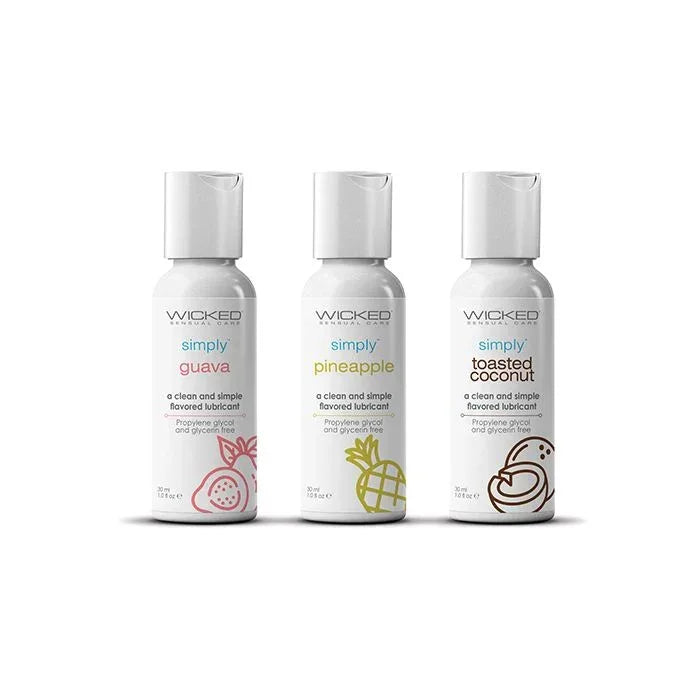 Wicked Simply Tropical Lubricant Trio includes 3 delicious flavors: Guava, Pineapple and Toasted Coconut in a travel friendly trio.