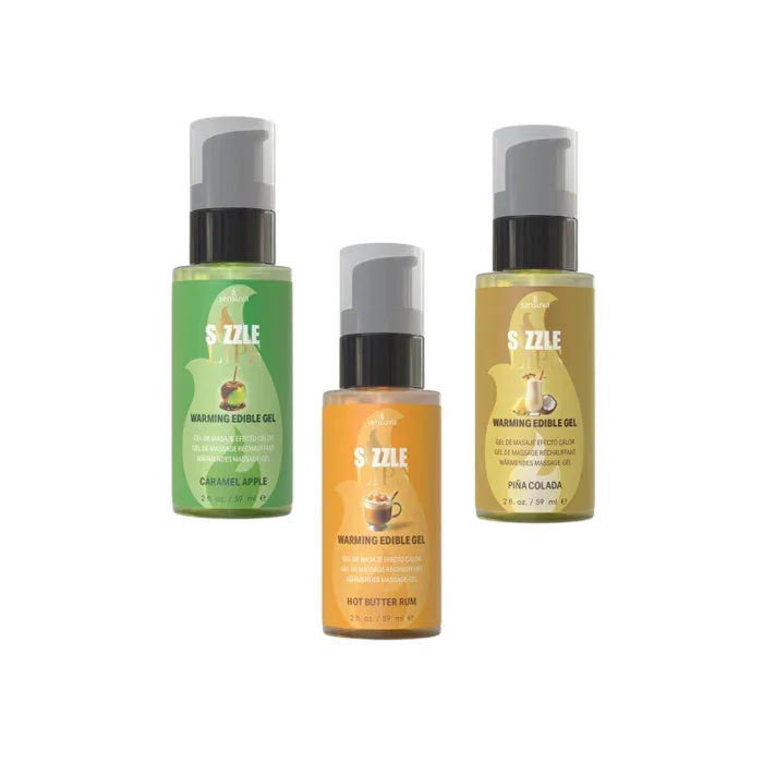 2oz size bottles of Sizzle Lips Edible Warming Gel in Caramel Apple, Hot Butter Rum, and Pina Colada flavor made by Sensuva