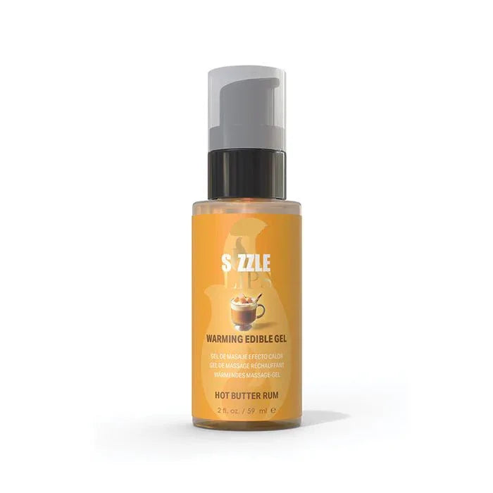 Bottle of Sizzle Lips Warming Edible Gel in Hot Butter Rum flavor; breath-activated warming gel in 4.2 oz bottle on a white background