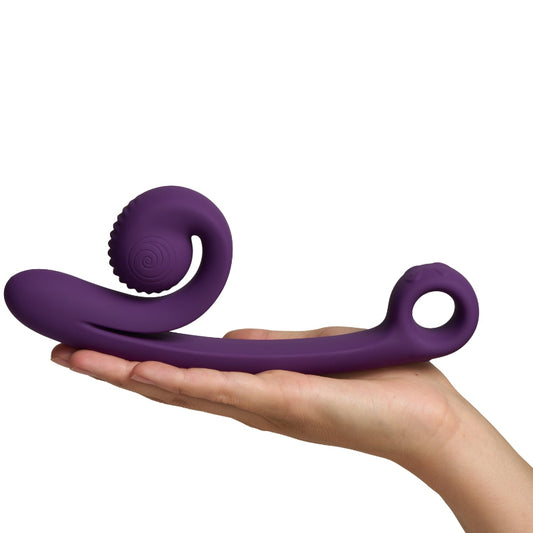 SVibe Snail Curve purple dual G-spot and clitoral vibrator resting on hand