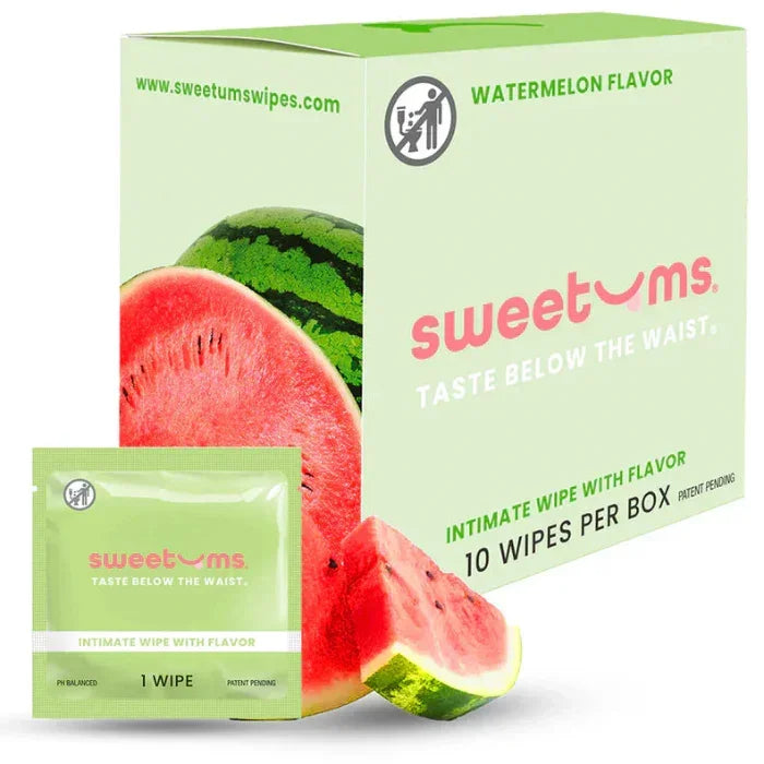 Box of Sweetums refreshing, sweet watermelon flavored wipes with a single wipe package displayed.