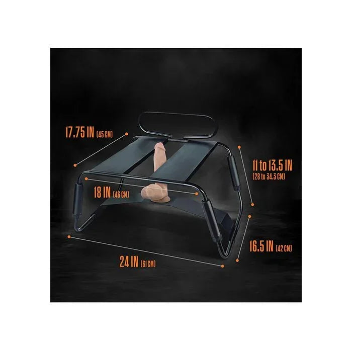 Measurement chart of the Blush Temptasia Surrender Sex Chair showing dimensions: 24 inches length, 17.75 inches width, adjustable height from 11 to 13.5 inches, with black iron frame and elastic seat bands on a dark background