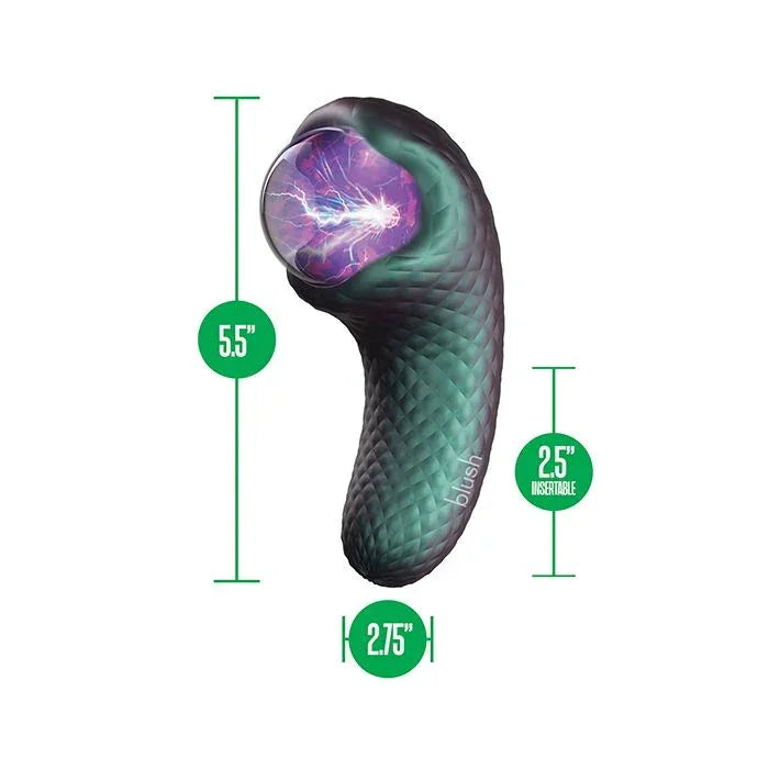 Diagram with measurements of the Temptasia Enchanted Serpent pulse vibrator illuminated with plasma orb effect