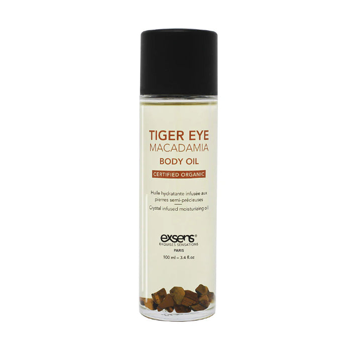 Exsens Tiger Eye Macadamia Crystal Body Oil with tiger eye stones, crafted for grounding energy and protection
