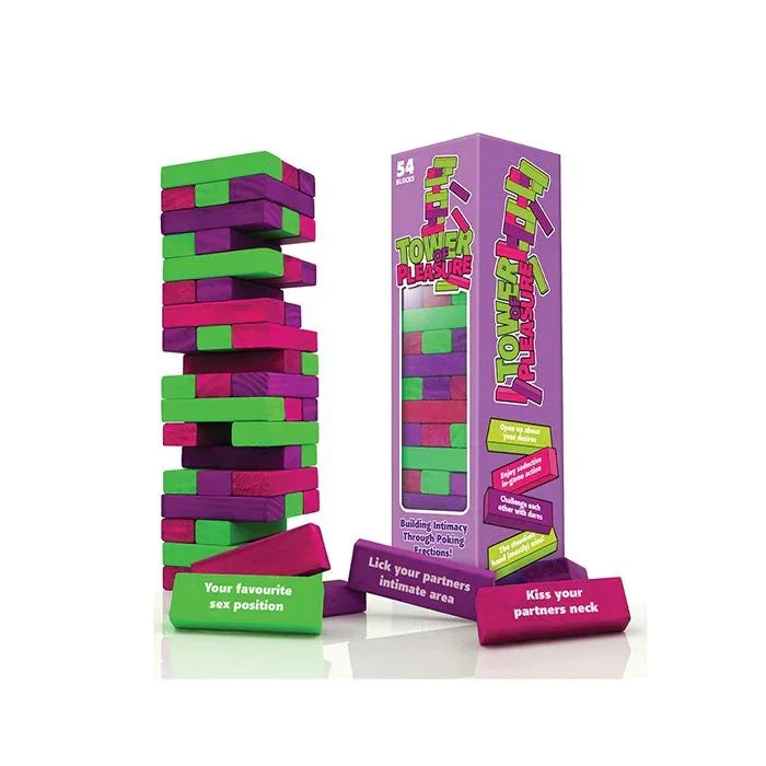 Tower of Pleasure sexy Jenga-style game with flirty dares for couples and groups, sparking fun and connection every turn.
