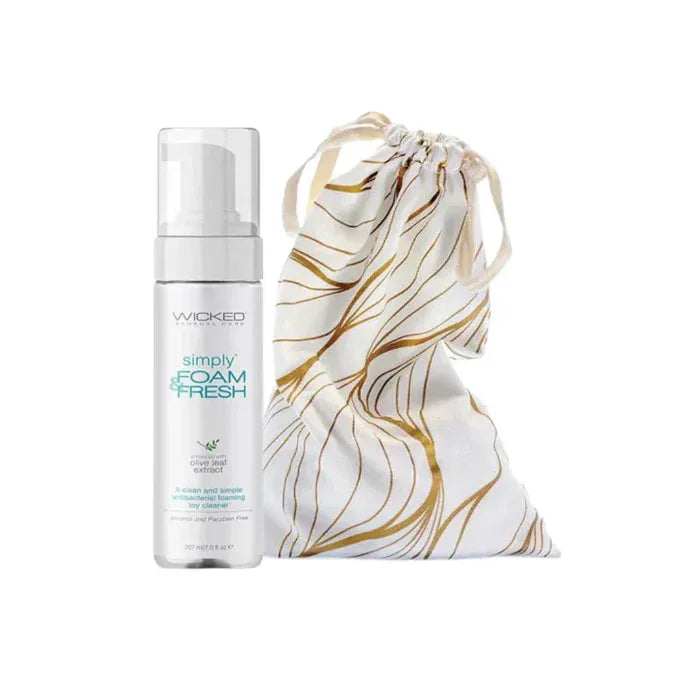 Toy Care Kit display: Simply Foam & Fresh 7oz foaming cleaner bottle beside Embrace cotton drawstring bag.