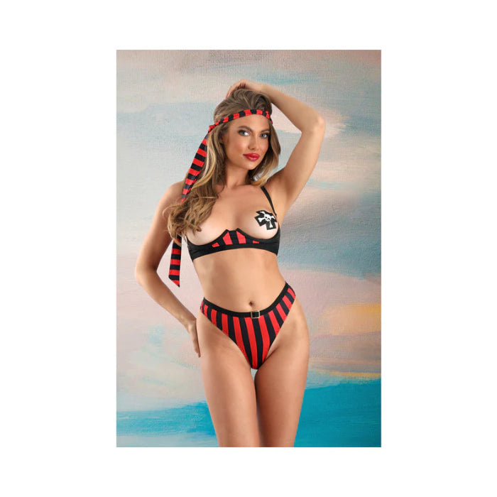 Front view of Treasured Pirate Costume Set highlighting the underwire cupless bra with skull and crossbone pasties