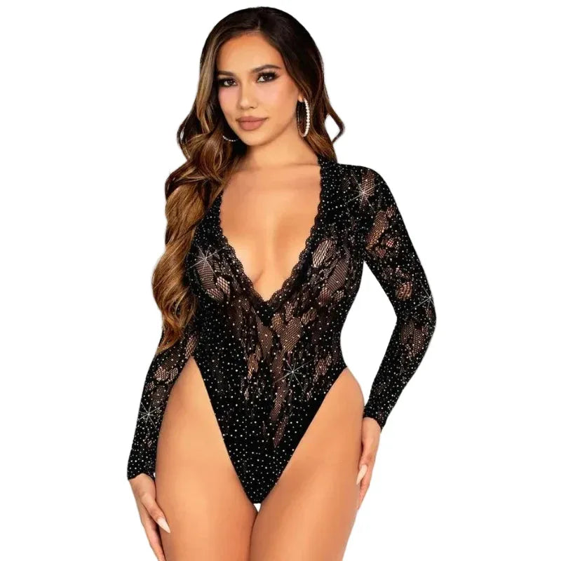 Close-up front view of leg avenue VIP Status lace bodysuit detailing