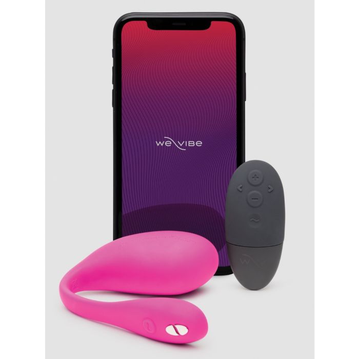 We-Vibe Jive 2 wearable vibrator with remote and smartphone showing the We-Vibe app interface