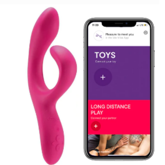 We-Vibe Nova 2 paired with a smartphone app, highlighting remote control features of the Nova 2 vibrator, rechargeable and travel-ready, for personalized pleasure