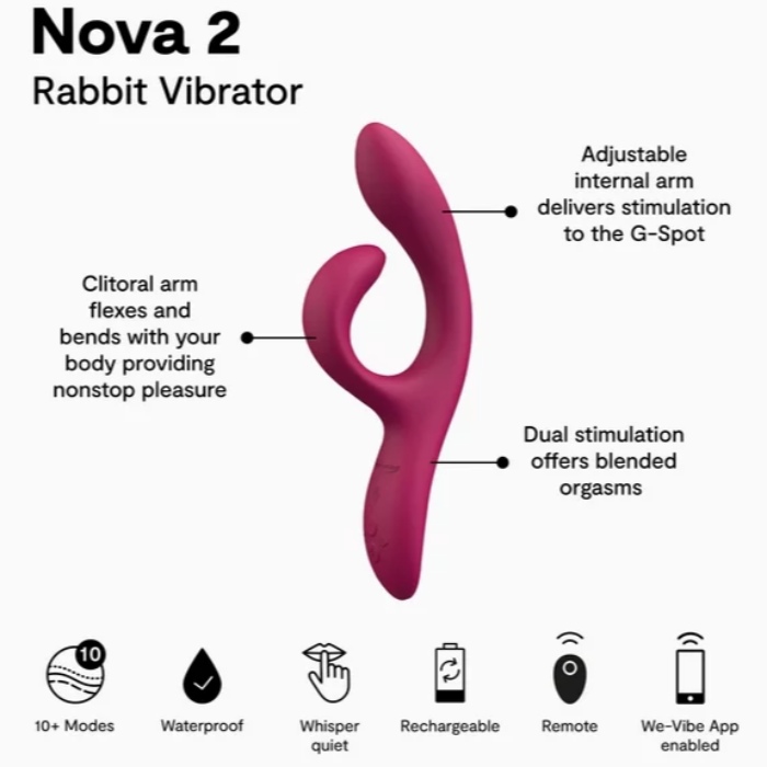 Close-up view of We-Vibe Nova 2 rabbit vibrator highlighting dual stimulation arms and other features