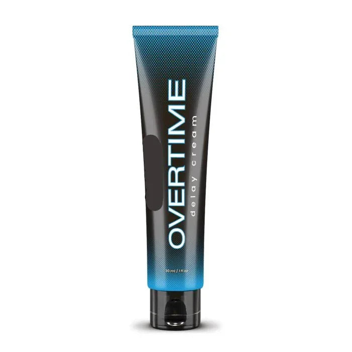 Tube of Wicked OverTime Prolonging Cream for Men with 5% benzocaine, designed to delay ejaculation and extend intimacy, in discreet travel-friendly packaging.