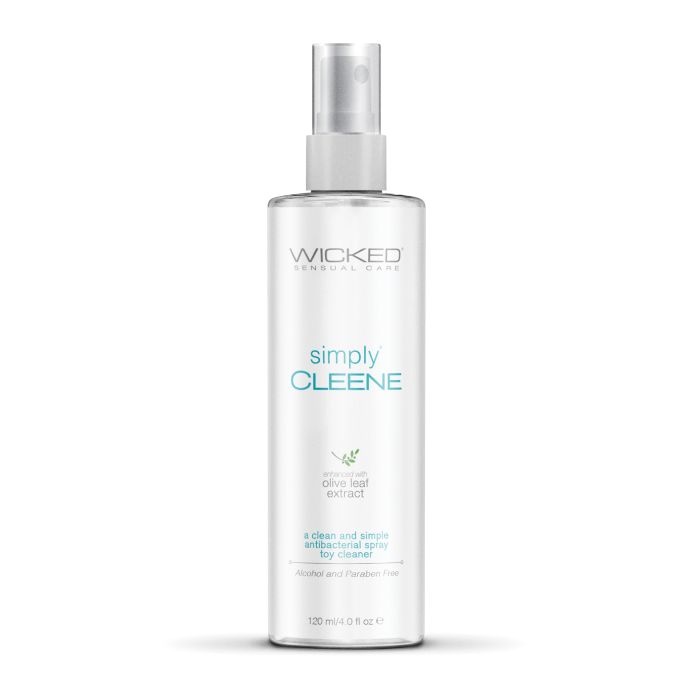 A white spray bottle labeled Wicked Sensual Care Simply Cleene Antibacterial Toy Spray shown upright with easy spray nozzle for convenient cleansing.