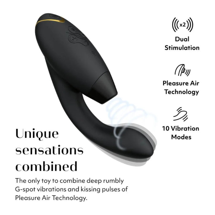 Close-up of black Womanizer Duo 2 showing flexible inner arm targeting the G-spot and 10 vibration modes