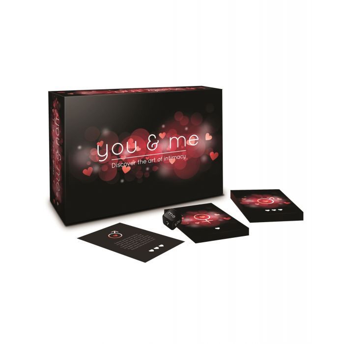 You & Me couples game cards, die, and sand timer