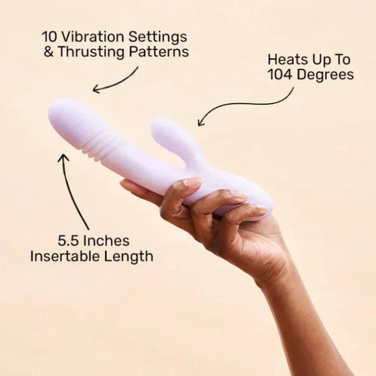 Hand holding a Playboy Bumping Bunny thrusting vibrator with text detailing features on a white background