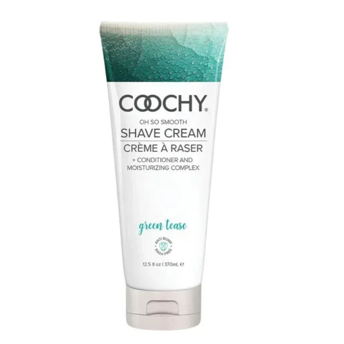 Coochy Shave Cream Green Tease 12.5 fl oz bottle on white background, limited edition intimate shaving cream