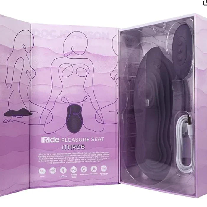 The iRide Pleasure Seat iThrob by Doc Johnson in box with USB magnetic charging cable included for easy, eco-friendly recharging.