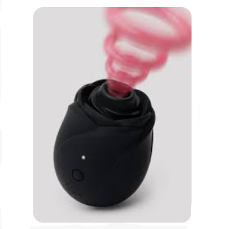 Black Rose 2.0 clitoral suction stimulator with pink illustration demonstrating air-pulse stimulation