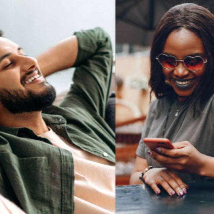 Couple enjoying long-distance intimacy with Lovense Gush 2 hands-free masturbator remotely controlled through smartphone and apps, sharing pleasure across miles