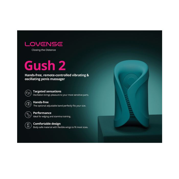 Lovense Gush 2 hands-free vibrating penis massager with adjustable silicone straps, powerful 4,300 oscillations per minute, body-safe material, waterproof IPX7 rating, USB magnetic charging, app-controlled custom patterns, and ergonomic open-ended wing design for comfortable fit and targeted frenulum stimulation