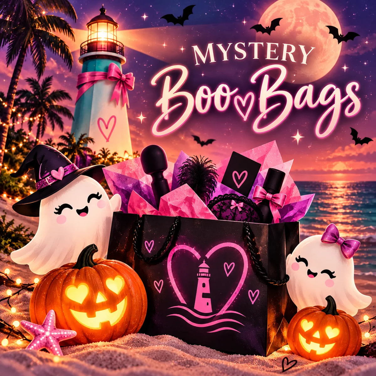 Halloween Boo Bags adult mystery gifts from The Flirtation Station featuring a lighthouse, playful ghosts, pumpkins, and a mystery gift bag filled with surprises.