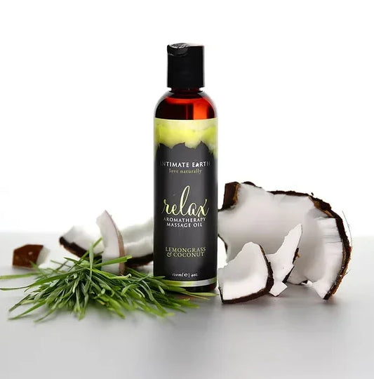 Intimate Earth Relax organic aromatherapy massage oil in Lemongrass and Coconut scent, vegan moisturizing body oil.