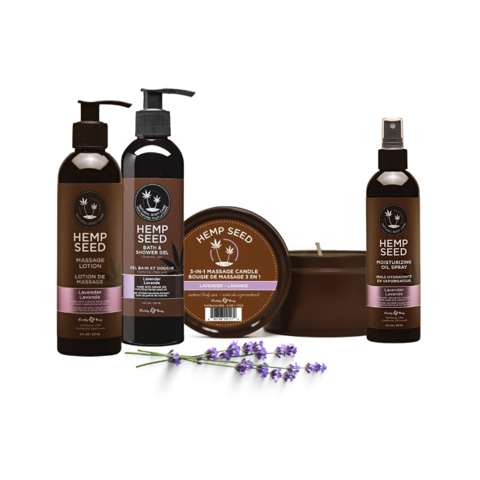 Organic Lavender 4-Piece Spa Set arranged beautifully with natural lavender sprigs