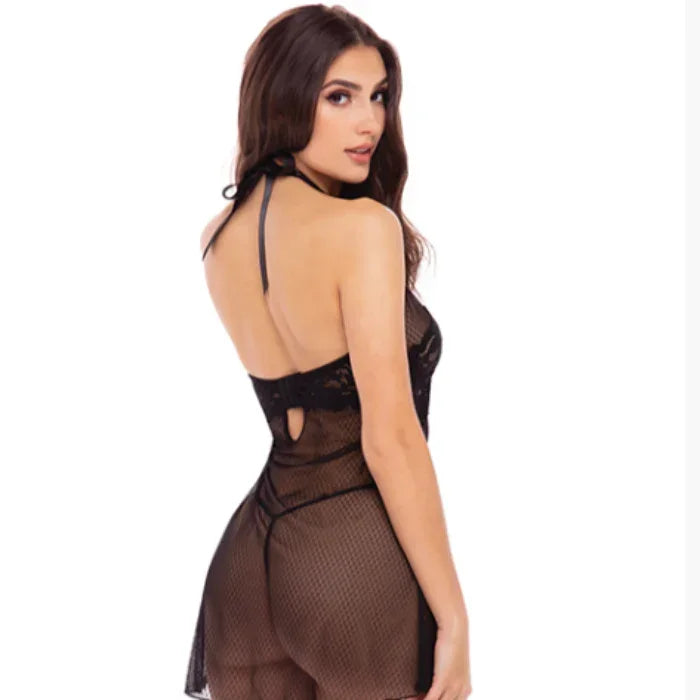 woman wearing Midnight Halter Chemise showing the back