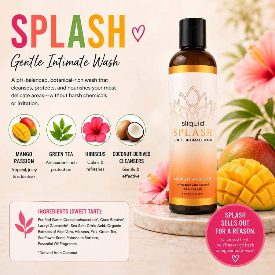 Sliquid Splash Mango Passion feminine intimate wash 8.5 oz with mango, hibiscus and green tea, featuring botanical ingredients and gentle cleansing benefits.