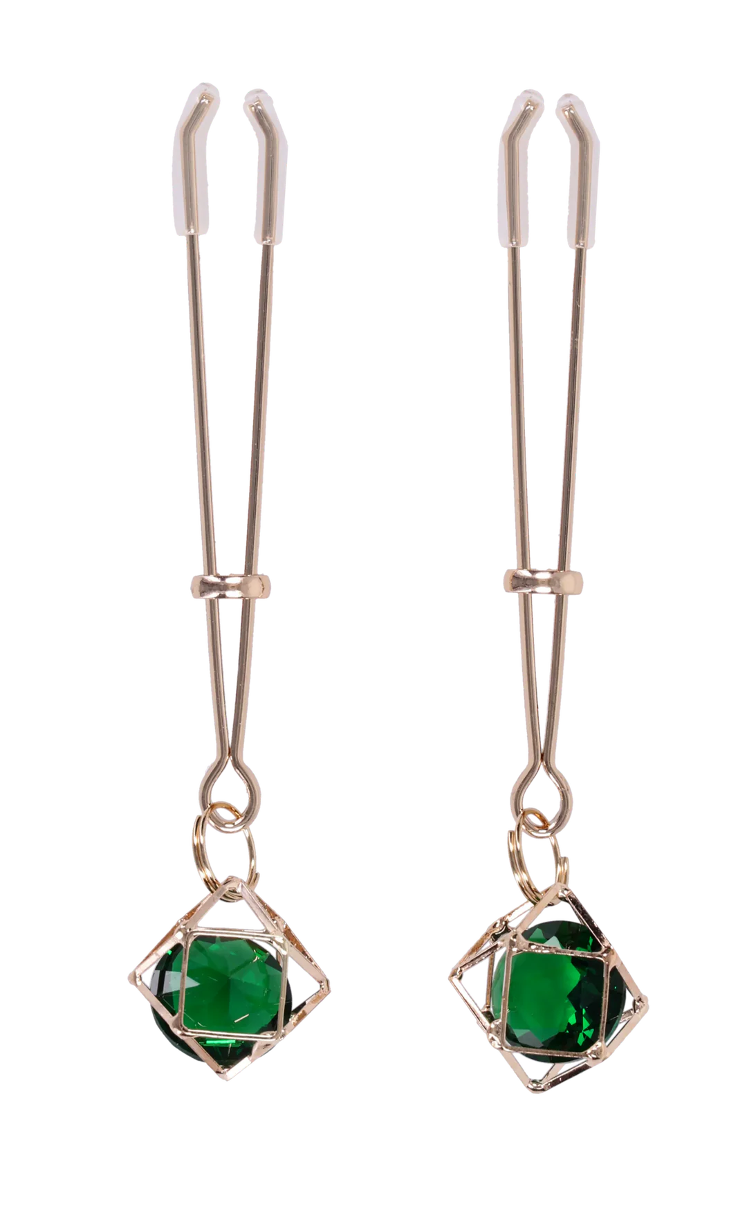Sportsheets Indica crystal nipple clips with adjustable gold-tone clips and emerald green crystal accents