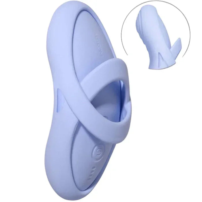 Detail view of Echo 2 vibrator's curved body in sky blue silicone design with removable textured finger sleeve with finger loops.