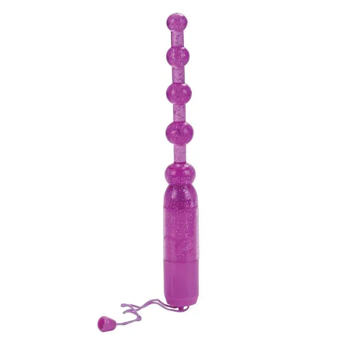 Waterproof vibrating anal beads in purple showing nylon retrieval cord for safety