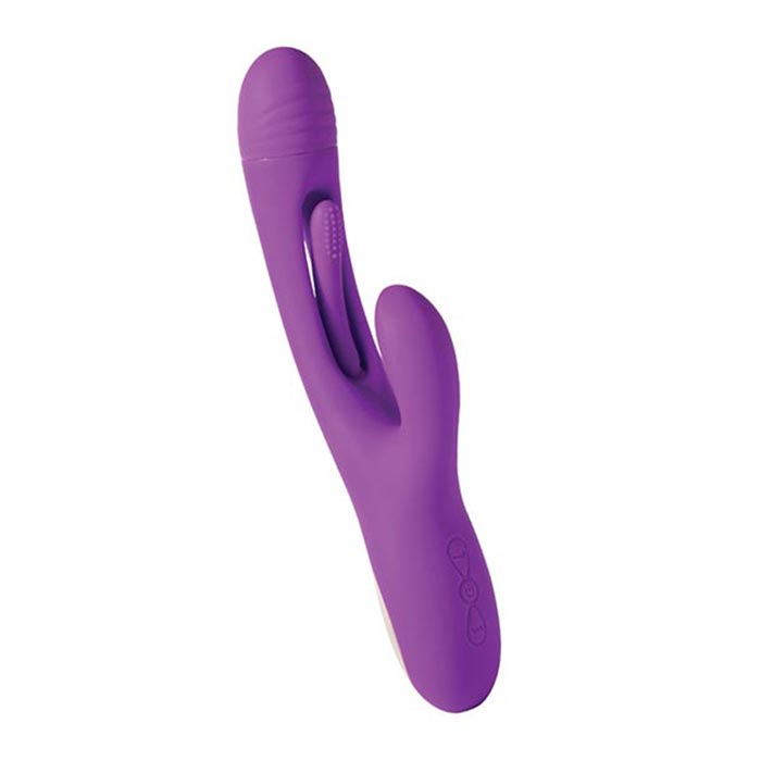 Tapping G Spot Rabbit vibrator in purple on white background, showing ergonomic curved shaft, clitoral stimulator arm, and smooth silicone finish