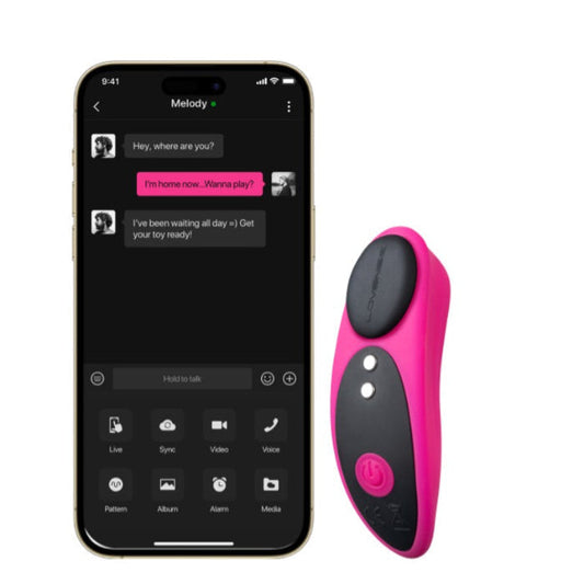 Smartphone displaying a chat conversation next to a pink and black Lovense Ferri Bluetooth app-controlled wearable vibrator.