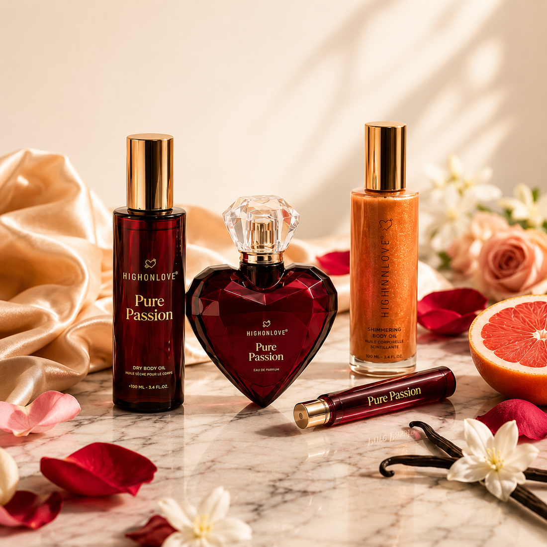 HighOnLove Pure Passion collection featuring Dry Body Oil, Pure Passion Eau de Parfum, Travel Eau de Parfum, and Shimmering Body Oil styled with roses, jasmine flowers, vanilla pods, and fig.