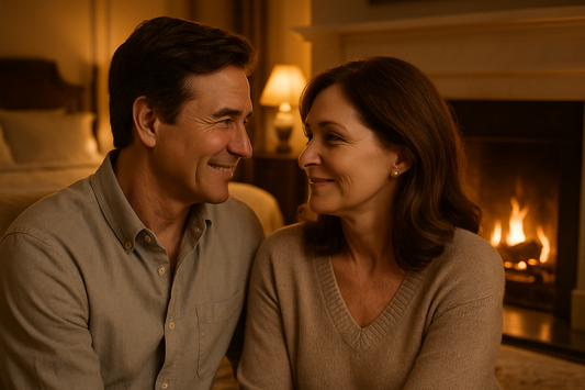 Romantic couple in their late 50s sitting closely by a bedroom fireplace, looking lovingly into each other’s eyes in a cozy, intimate setting