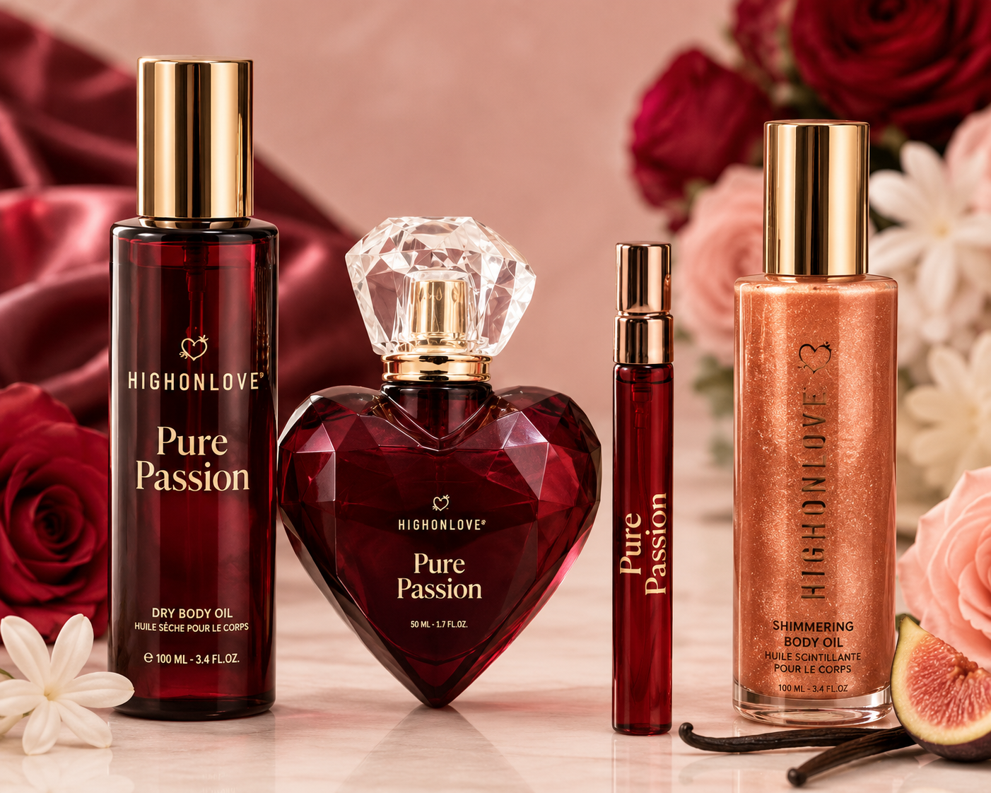 HighOnLove Pure Passion collection featuring luxury vegan Eau de Parfum, travel perfume, dry body oil, and shimmering body oil with roses, jasmine flowers, vanilla pods, and fig.