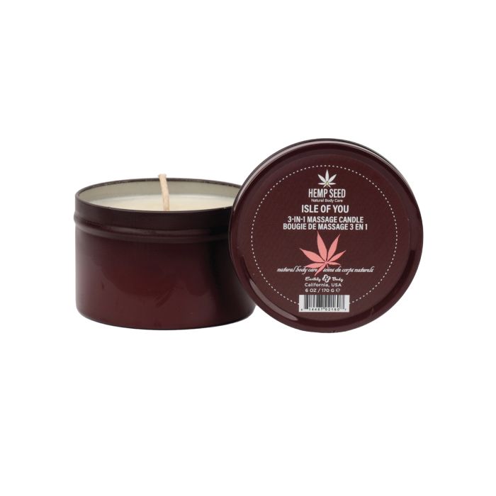 Earthly Body Isle of You citrus herbal scented 3 in 1 massage candle in made of hemp seed oil, in a brown tin container with a wooden spoon for dispensing. 