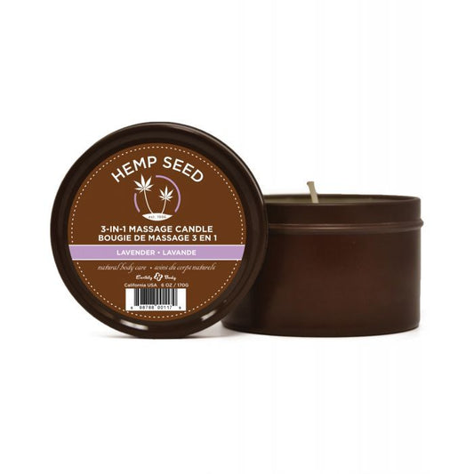 Earthly Body Lavender 3 in 1 massage candle in made of hemp seed oil, in a brown tin container with a wooden spoon for dispensing. 